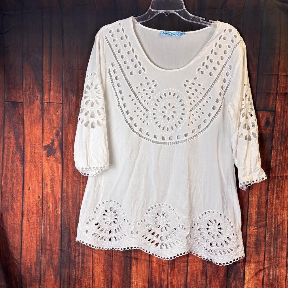 Solitaire Swim White Eyelet Tunic Top Sz L  Beach Cover‎ Up Boho resort wear